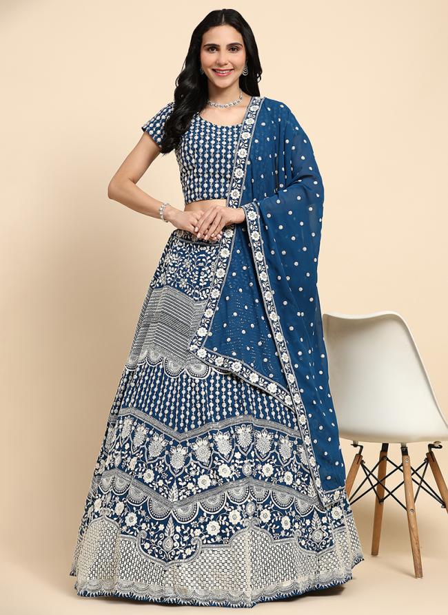 Georgette Blue Wedding Wear Heavy Thread Work Readymade Lehenga Choli